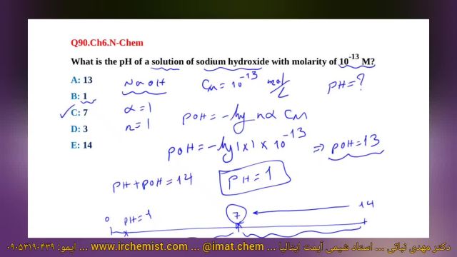 حل نمونه سوالات IMAT ایتالیا - محاسبه pH محلولهای بازی بسیار رقیق - دکتر نباتی