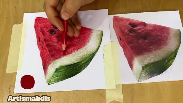 آموزش نقاشی هندوانه با مداد رنگی ساده