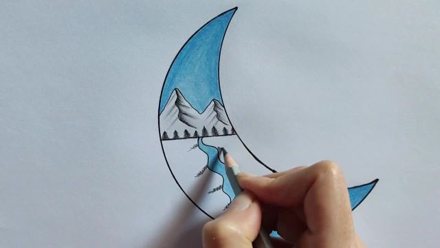 طراحی منظره با مداد رنگی - نقاشی ماه و کوه
