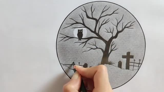 آموزش طراحی ساده با مداد | آموزش نقاشی جغد روی درخت