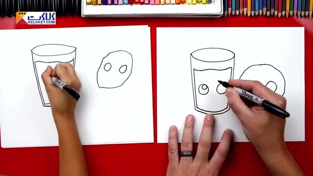 آموزش نقاشی برای کودکان با کشیدن نقاشی کارتونی از یک لیوان شیر بهمراه کیک کوکی 
