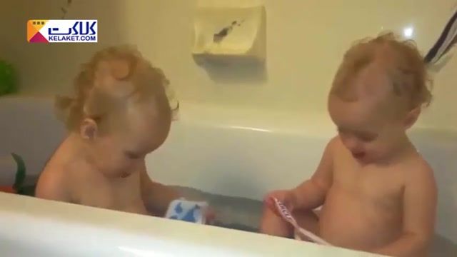 صحنه های دیدنی و بامزه از خنده های شیرینشان دوقلوها هنگام بازی با هم در حمام