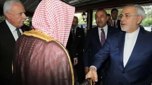 Iran FM Zarif handshake with Saudi FM al-Jubeir at OIC Turkey دست دادن ظریف با وزیر خارجه عربستان