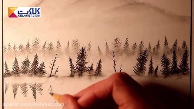 لذت نقاشی کردن با مداد و مداد نوکی و کشیدن طرحی زیبا از یک جنگل کاج در مه