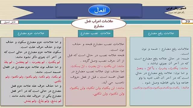 آموزش کامل دستور زبان عربی - درس 39  - افعال "علامات فعل مضارع" در زبان عربی 