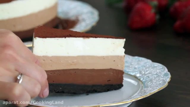 آموزش  راحت مووس کیک شکلاتی 3 لایه ( بدون پخت)